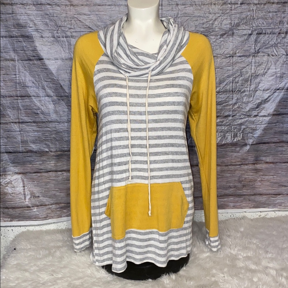 P.S. KATE Striped Cowl Neck Long Sleeve Tunic Top